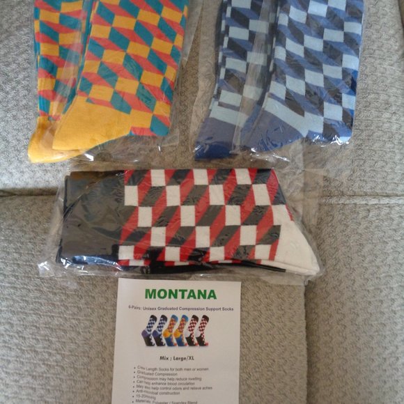 Montana Women's Graduated Compression Crew Socks Checkered Design 5 Pair XL - Picture 3 of 8